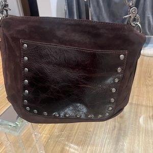 Brown suede bag with leather pocket in front